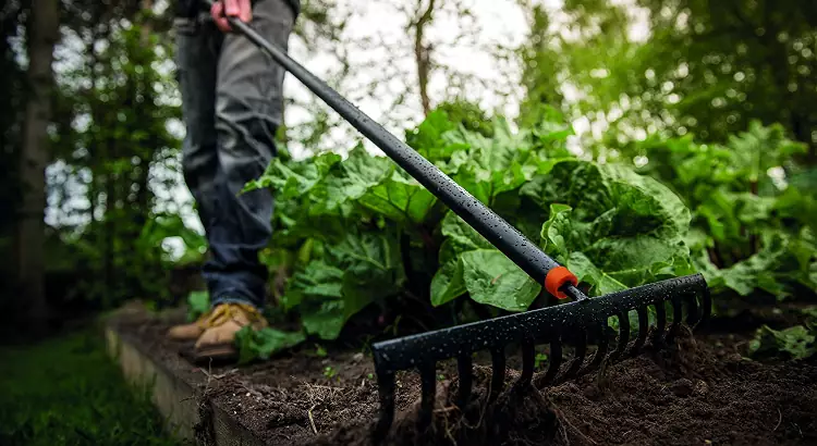 Rastrello a denti curvi Fiskars per giardinaggio.